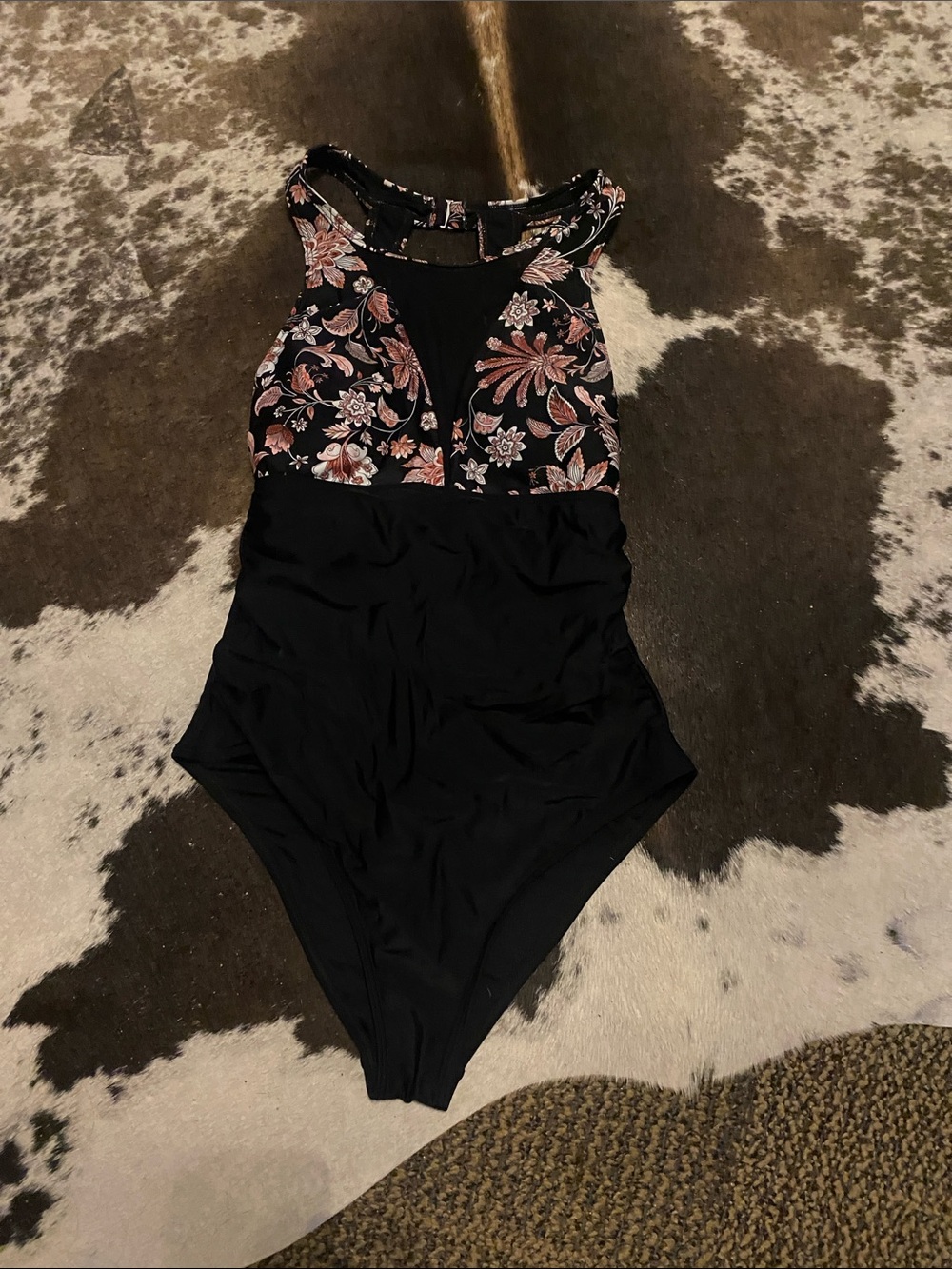 Black One-Piece Swimsuit with Pink Floral Bodice